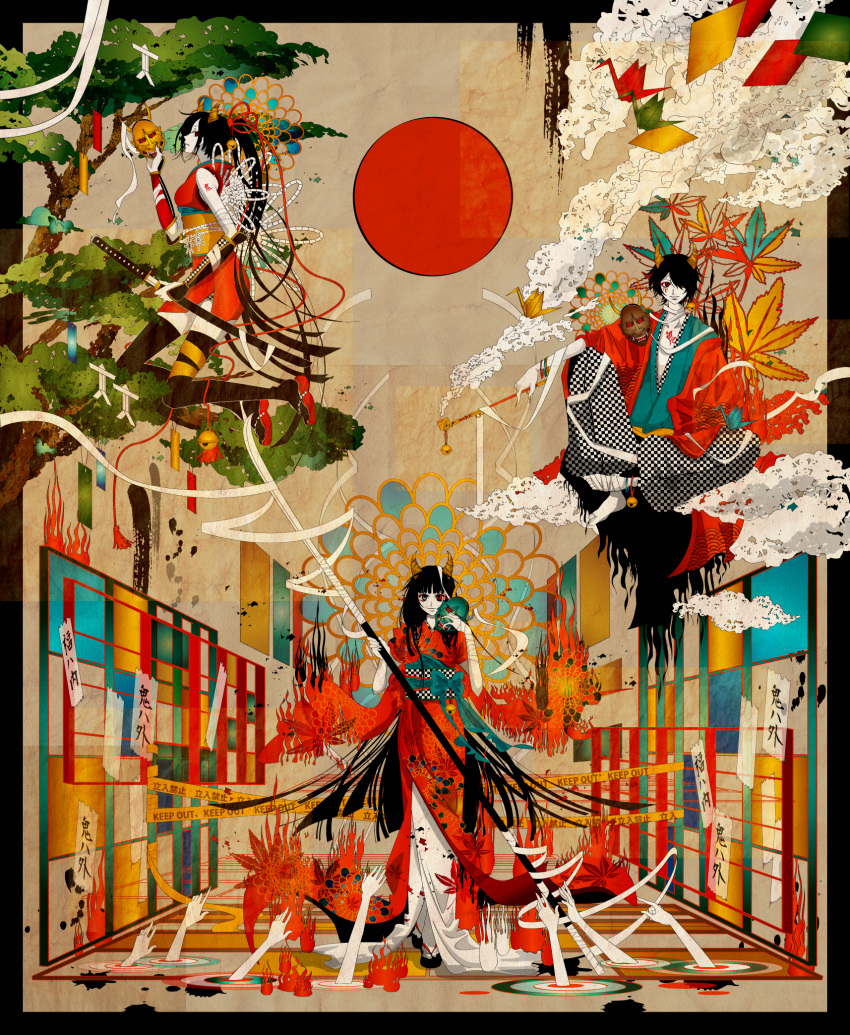 hannya haruichi_(haru123) heterochromia highres hinomoto_oniko japanese_clothes kimono mask oni original red_sun sun tree