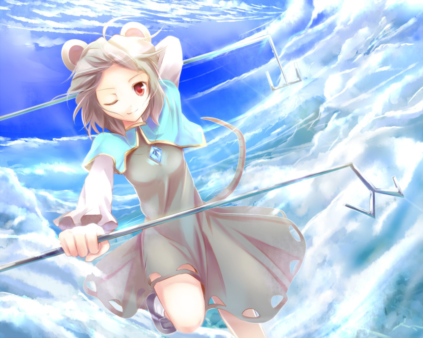 animal_ears capelet cloud clouds dowsing_rod dowsing_rods flying forehead highres jewelry mouse_ears mouse_tail nazrin pendant red_eyes sakura_ani short_hair sky smile solo sunbeam sunlight syanayuuji tail touhou wink