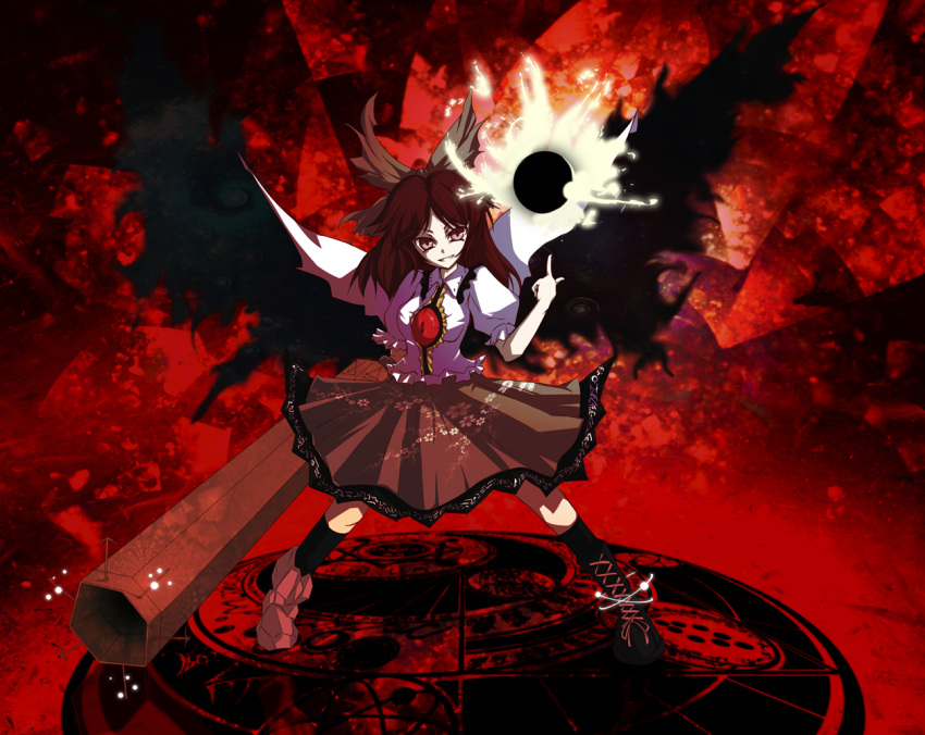 alternate_color arm_cannon black_hair black_sun brown_hair floral_print grin hair_ornament hair_ribbon long_hair marushin pointing red_eyes reiuji_utsuho skirt smile solo standing sun third_eye touhou weapon wings