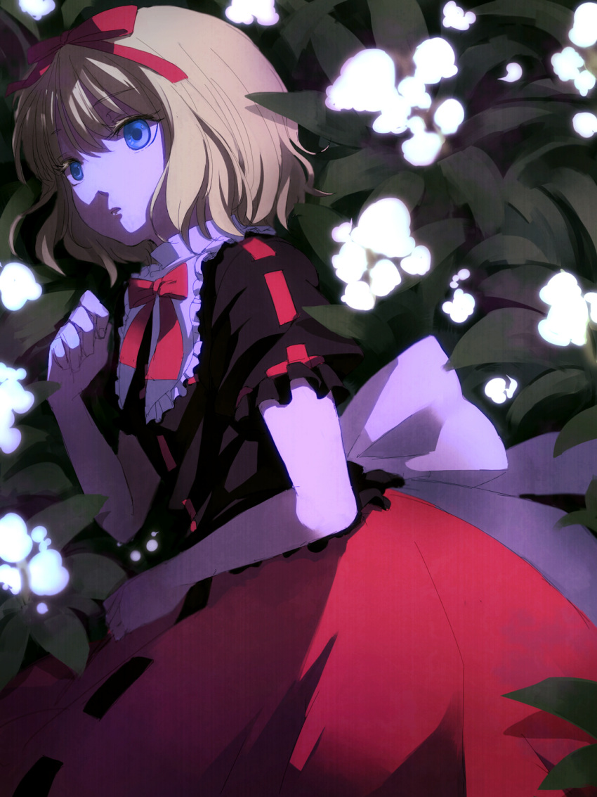 blonde_hair blue_eyes bowtie colored_eyelashes dress eyelashes face flower glowing hair_ribbon hands highres lily_of_the_valley lying medicine_melancholy night on_side ribbon short_hair touhou