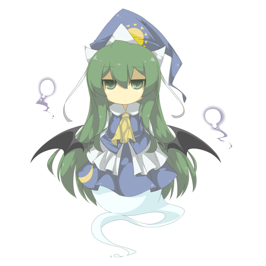 absurdres bad_id bat_wings crescent eiri_(eirri) expressionless ghost green_eyes green_hair hat highres long_hair mima moon simple_background solo sun touhou wings wizard_hat