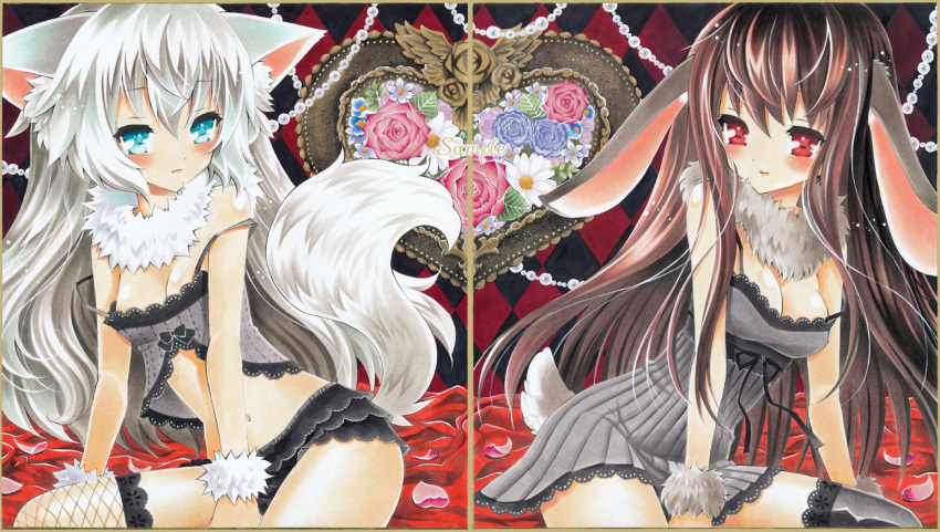 animal_ears argyle argyle_background arm_support ayuayu babydoll bare_shoulders blue_eyes blush brown_hair bunny_ears bunny_tail chemise daisy flower frilled_panties frills light_smile lingerie long_hair marker_(medium) midriff multiple_girls navel original panties petals pink_rose purple_rose rabbit_ears red_eyes rose sample silver_hair strap_slip symmetry tail thigh-highs thighhighs traditional_media underwear wolf_ears wolf_tail wrist_cuffs