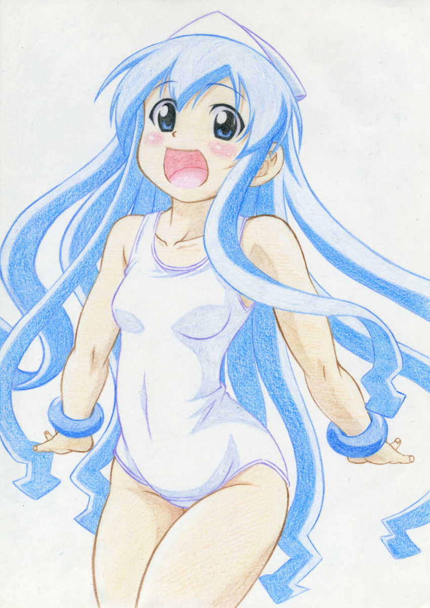 :d bare_shoulders blue_eyes blue_hair blush collarbone colored_pencil_(medium) curvy flat_chest hat highres ikamusume long_hair mound_of_venus one-piece_swimsuit open_mouth school_swimsuit shinryaku!_ikamusume smile solo swimsuit tentacle_hair thick_thighs thighs traditional_media white_school_swimsuit wide_hips yotaka