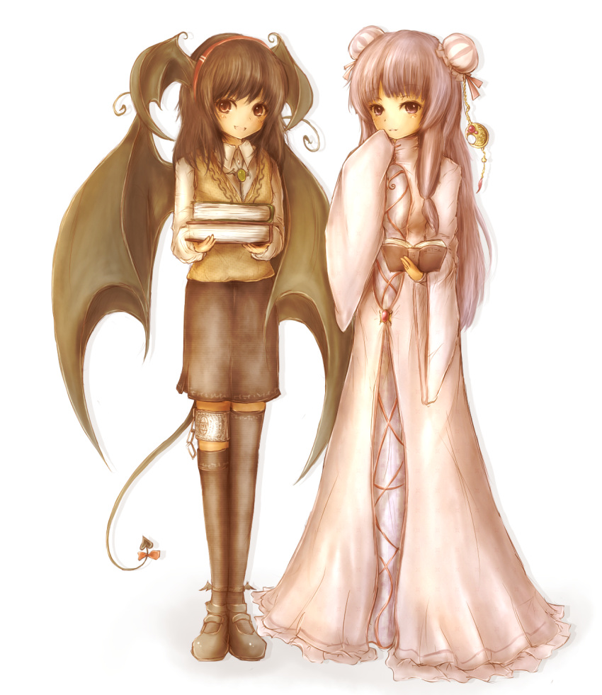 :d alternate_hair_color amanojaku bad_id bat_wings book brooch brown_hair chain crescent demon_tail finger_to_mouth head_wings highres jewelry koakuma leg_band multiple_girls no_hat no_headwear open_mouth patchouli_knowledge purple_eyes purple_hair red_eyes ribbon smile tail tail_ribbon the_embodiment_of_scarlet_devil thighhighs touhou vest wings