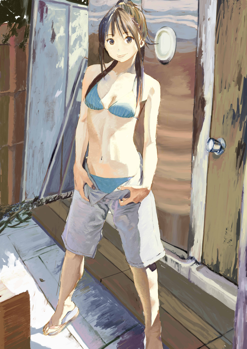 absurdres bad_id bikini brown_eyes brown_hair copyright_request highres long_hair open_fly ponytail sandals shorts shuku swimsuit swimsuit_under_clothes tongue traditional_media unzipped watercolor_(medium)