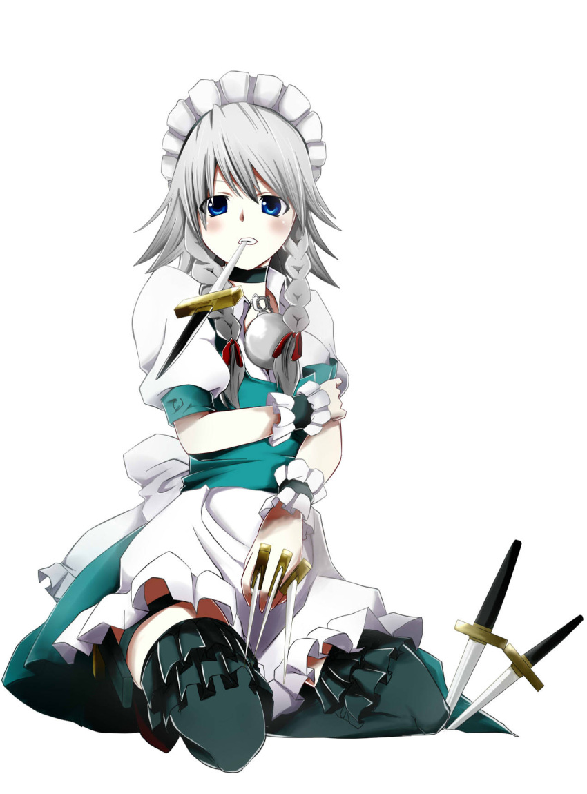 blue_eyes braid highres hijiri-tukasa izayoi_sakuya knife maid maid_headdress short_hair silver_hair solo thigh-highs thighhighs throwing_knife touhou twin_braids weapon