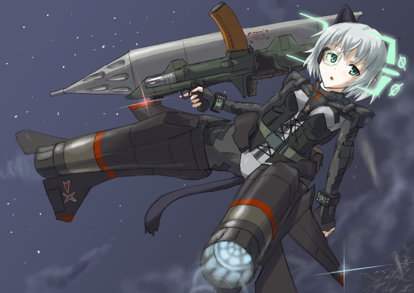 bad_id cat_ears commentary green_eyes hirschgeweih_antennas jet_striker_units mig-29 ogitsune_(ankakecya-han) okitsune_(ankakecya-han) pantyhose rocket_launcher sanya_v_litvyak short_hair silver_hair strike_witches striker_units tail uniform weapon