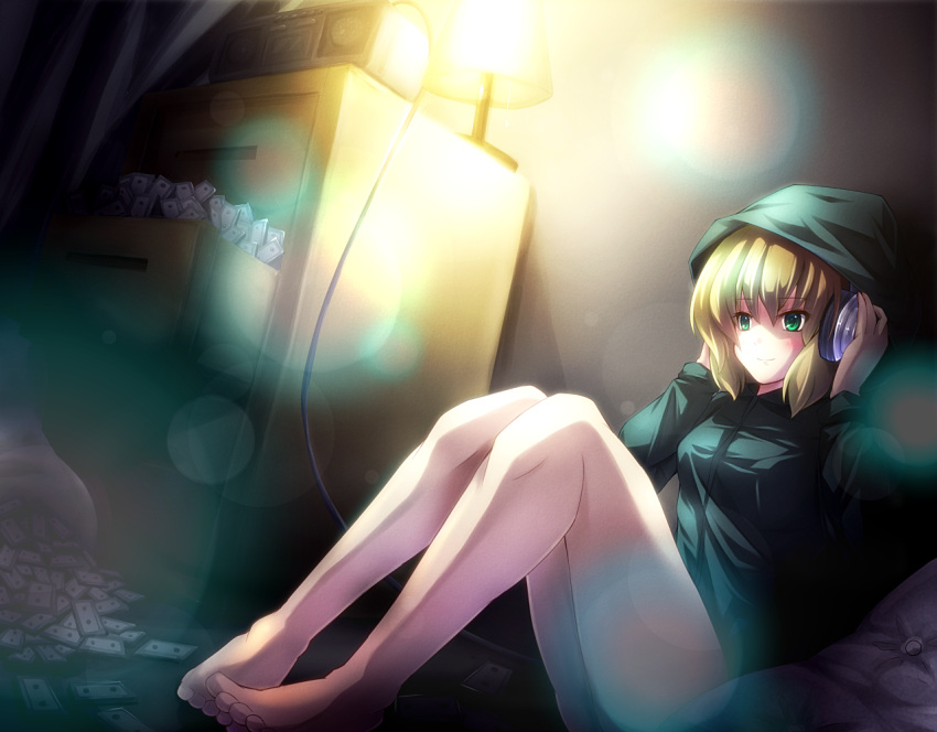 against_wall alternate_costume bad_feet bare_legs barefoot blonde_hair bottomless cassette_tape contemporary feet green_eyes hand_on_ear headphones hood hoodie legs light_smile mizuhashi_parsee no_panties parka ryosios short_hair sitting solo touhou
