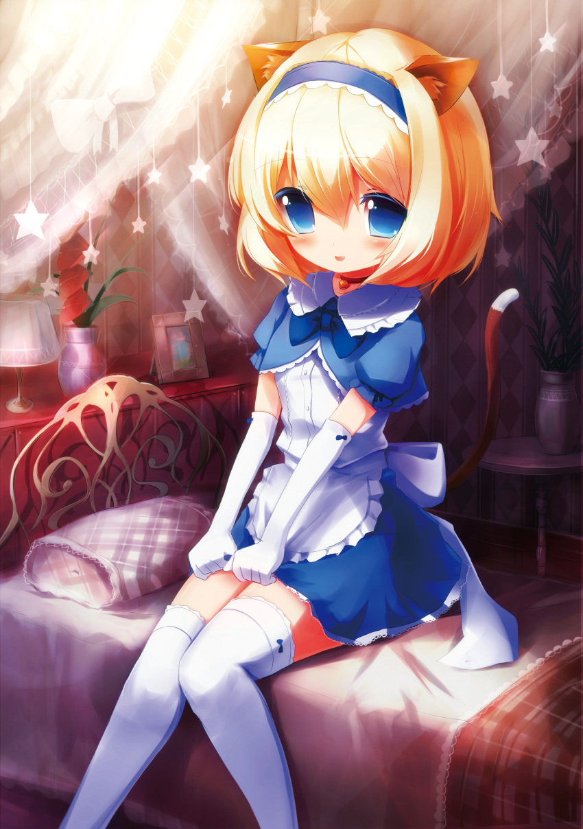 alice_margatroid animal_ears animal_tail apron bed blonde_hair blue_eyes blush bowtie capelet cat_ears cat_tail colored_eyelashes dress elbow_gloves gloves hairband highres open_mouth original petticoat short_hair shy sitting smile solo tahal taharu_kousuke tail thigh-highs thighhighs touhou waist_apron white_legwear white_thighhighs zettai_ryouiki