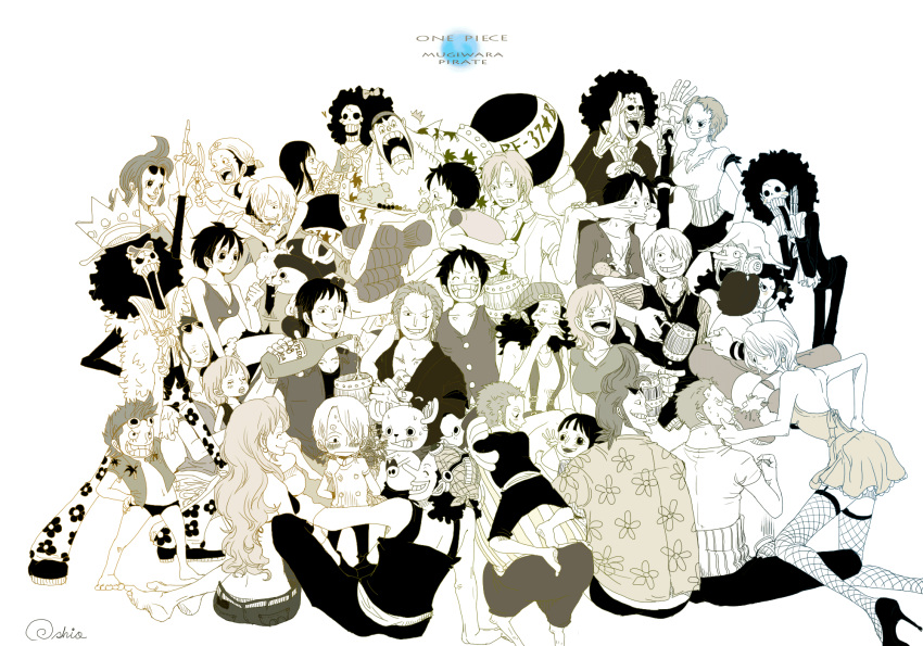afro artist_request bandanna barefoot blush boots bouquet bow brook carry carrying child cigarette cup dress drinking dual_persona earrings eating everyone female fishnet fishnets flower food franky fruit genderswap goggles hair_bow hair_over_one_eye happy haramaki hat high_heels highres jeans jewelry kneeling long_hair male midriff monkey_d_luffy monochrome mug multiple_boys multiple_girls multiple_persona nami necktie nico_robin one-eyed one_piece open_clothes open_shirt orange overalls reindeer reindeerboy roronoa_zoro sanji sash scar shirt shoes short_hair simple_background sitting slingshot speedo spit standing straw_hat striped striped_shirt sunglasses suspenders thighhighs time_paradox tony_tony_chopper usopp vest young