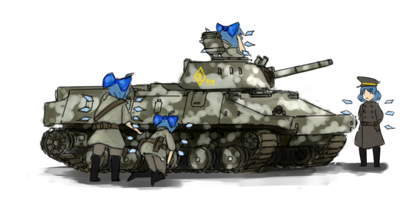 armored_vehicle blue_hair bmd bmd-4 caterpillar_tracks cirno fairy_wings gun hat highres mecha_to_identify military military_uniform military_vehicle multiple_persona panzermeido salute short_hair simple_background tank touhou turret uniform vehicle weapon wings