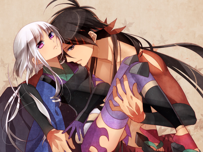 1boy 1girl ahoge asymmetrical_clothes asymmetrical_clothing asymmetrical_hair black_eyes black_hair brown_eyes carrying couple gloves grey_hair hug japanese_clothes katanagatari long_hair murakami_yuzu pink_eyes ponytail princess_carry purple_eyes sandals short_hair size_difference thigh-highs thighhighs togame white_hair yasuri_shichika