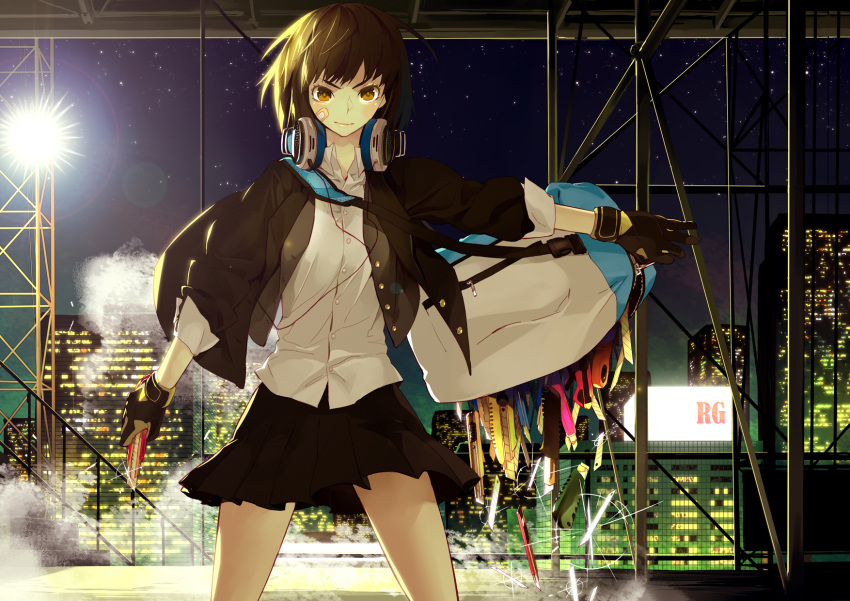 1girl bandage bandages boxcutter brown_eyes brown_hair gloves headphones headphones_around_neck highres light_smile night original outstretched_arm rozer skirt solo wind