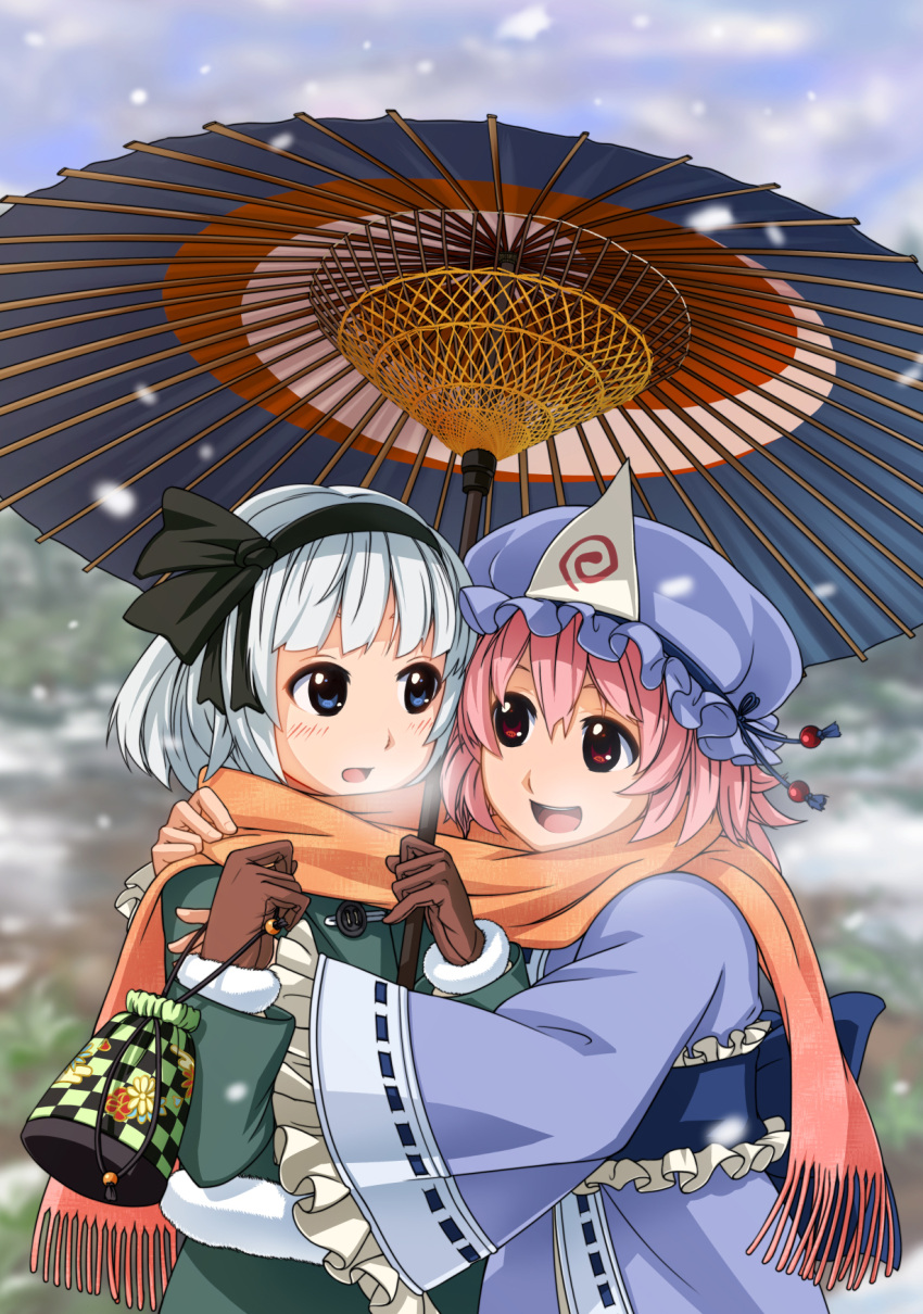 highres hijiri_(pixiv) konpaku_youmu multiple_girls oriental_umbrella saigyouji_yuyuko scarf shared_scarf touhou umbrella