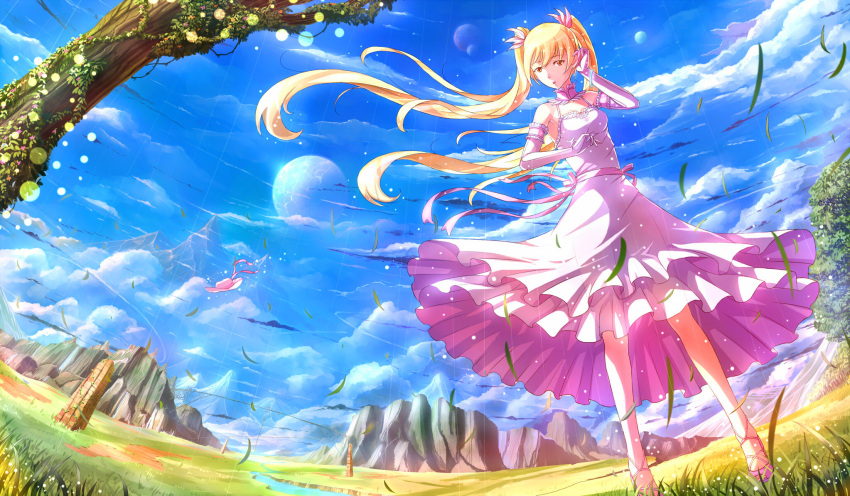 brown_eyes dress elbow_gloves fantasy field gloves grass hat highres kazeno long_hair original solo tree twintails very_long_hair wind