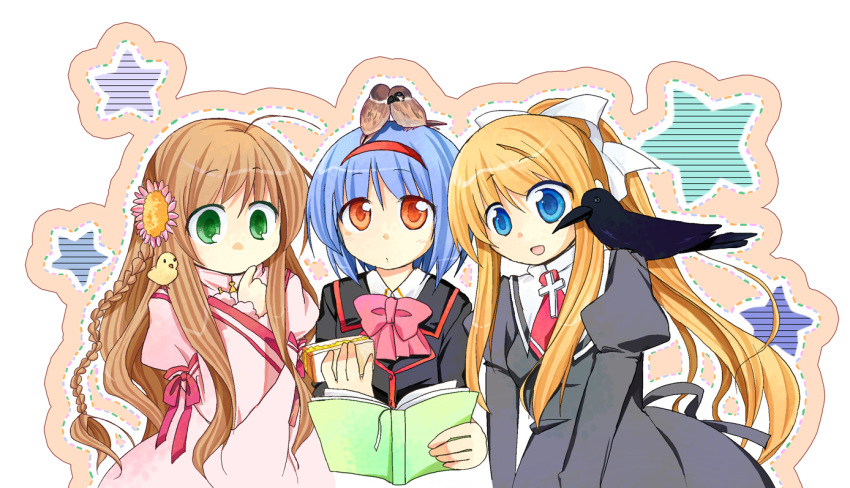 animal_on_head bird bird_on_head book eurasian_tree_sparrow furui_suguri kamio_misuzu kanbe_kotori little_busters!! nishizono_mio rewrite school_uniform sparrow star