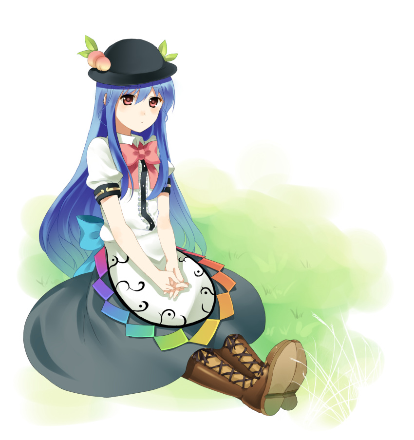 bad_id blue_hair boots bowtie cross-laced_footwear food fruit garigarigari grass hands_clasped hat highres hinanawi_tenshi interlocked_fingers lace-up_boots long_hair long_skirt peach red_eyes sitting skirt touhou