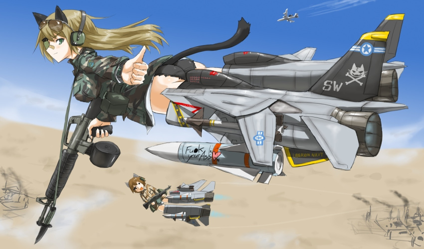 airplane animal_ears ass assault_rifle bandaid bayonet boeing_e-3 brown_hair camouflage cat_ears cat_tail commentary condensation_trail contrail desert drum_magazine english f-14 fighter_jet green_eyes gulf_war gun headphones heart jet long_hair m16 m60 machine_gun mecha_musume military missile multiple_girls ogitsune_(ankakecya-han) okitsune_(ankakecya-han) profanity rifle skull_and_crossbones strike_witches strike_witches_1991 striker_unit tail thumbs_up weapon