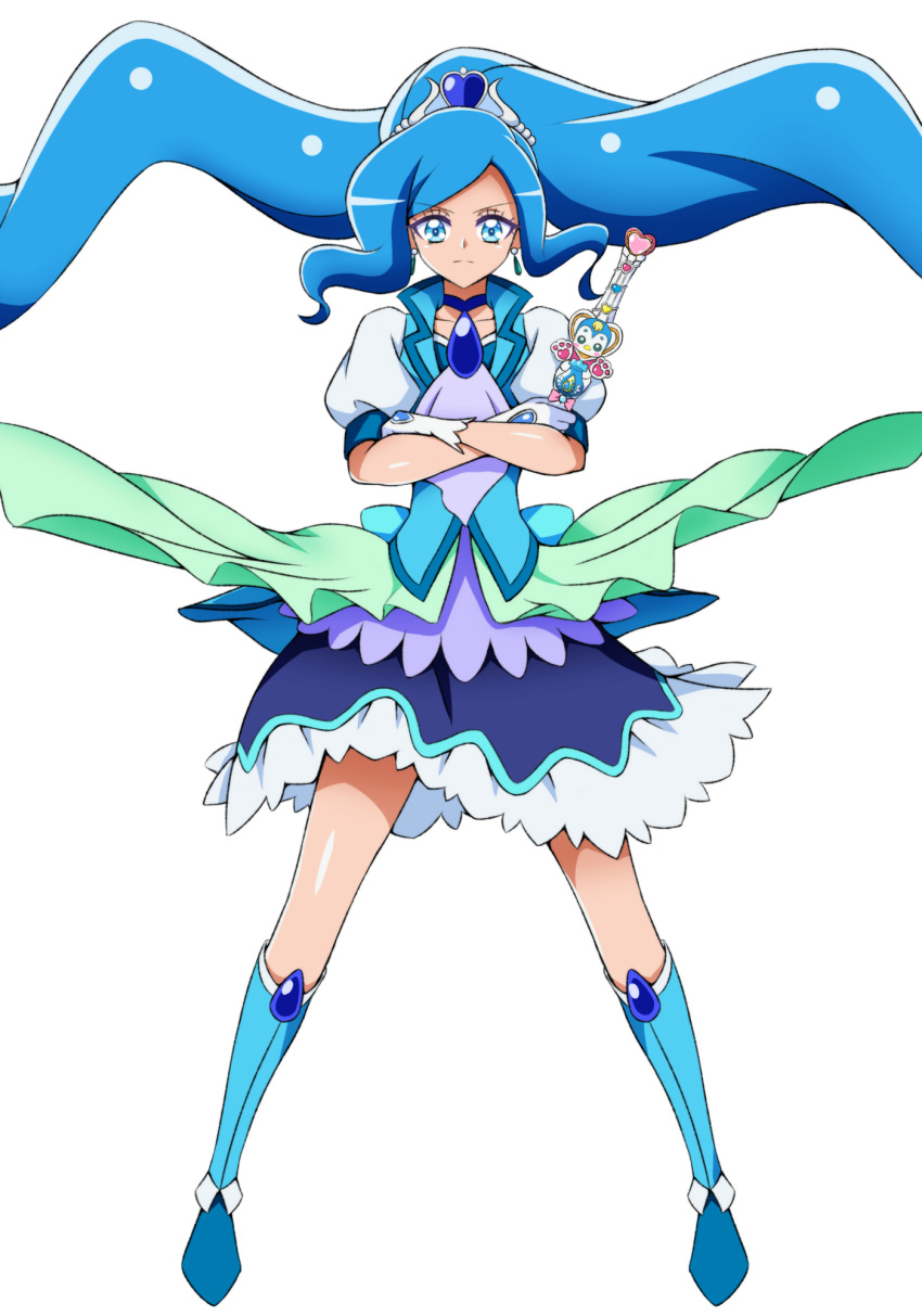 1girl blue_choker blue_eyes blue_footwear blue_hair blue_skirt blue_vest boots choker closed_mouth crossed_arms cure_fontaine floating_hair full_body gloves gunbuster_pose hair_ornament healin'_good_precure healing_wand heart heart_hair_ornament highres holding holding_wand knee_boots layered_skirt legs_apart long_hair looking_at_viewer magical_girl on_kazu pegitan_(precure) precure puffy_sleeves sawaizumi_chiyu serious shiny shiny_skin simple_background skirt solo standing very_long_hair vest wand white_background white_gloves