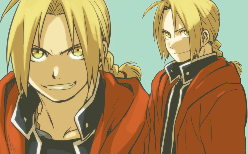 boy braid bust coat collarbone edward_elric fullmetal_alchemist highres hood mattsu open_clothes open_coat ponytail scar simple_background smirk teeth unco wallpaper