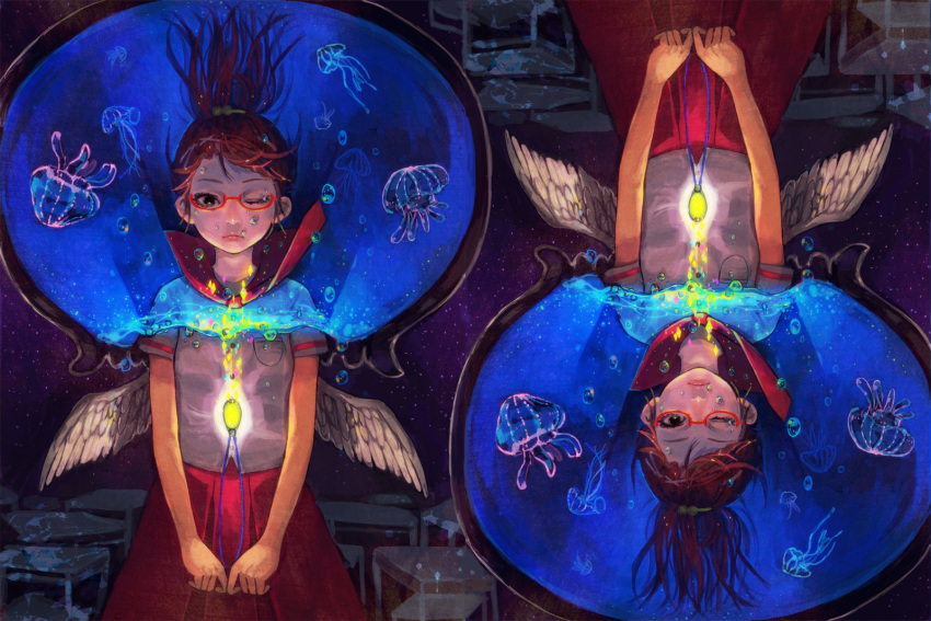 brown_hair bubble desk dual_persona glasses highres jellyfish jewelry necklace original rotational_symmetry short_sleeves skirt sono surreal upside-down wings wink