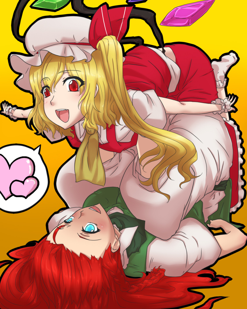 :d bakuya blonde_hair blue_eyes braid fang flandre_scarlet happy hat heart highres hong_meiling long_hair multiple_girls open_mouth playing_games ponytail red_eyes red_hair redhead short_hair side_ponytail smile spoken_heart the_embodiment_of_scarlet_devil touhou wings