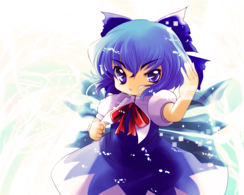 blue_eyes blue_hair bow cirno clenched_hand fighting_stance fist hair_bow highres ice_wings open_mouth solo touhou uneven_eyes wings yume_shokunin