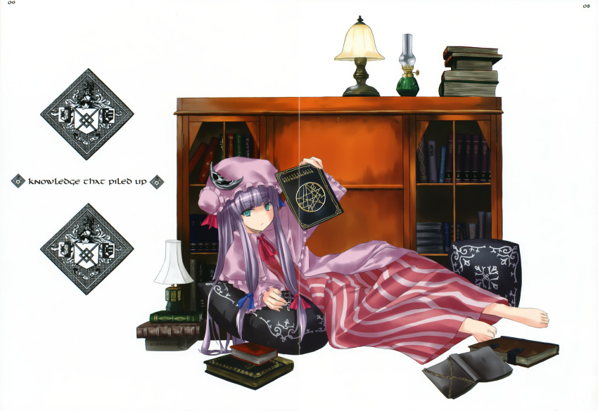 absurdres aqua_eyes barefoot blush book feet hat highres lying nabeshima_tetsuhiro necronomicon patchouli_knowledge pillow purple_hair solo touhou