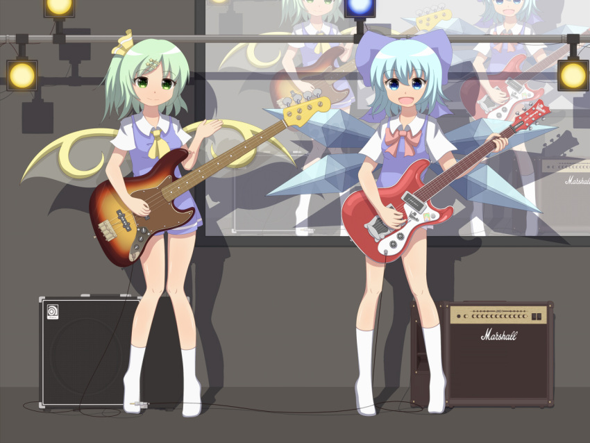 bass_guitar cirno daiyousei guitar instrument kinakomoti marshall multiple_girls touhou