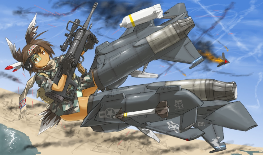 bomb brown_hair camouflage commentary f-15 gun missile native_american neuroi ntw-20 ogitsune_(ankakecya-han) okitsune_(ankakecya-han) sleeves_rolled_up strike_witches strike_witches_1991 striker_unit uniform weapon