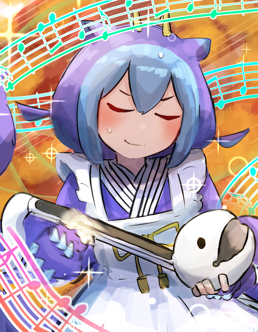 1girl blue_hair blue_kimono character_request closed_eyes dragon_girl dragon_horns duel_monster hatano_kiyoshi highres holding horns japanese_clothes kimono laundry_dragonmaid maid musical_note smile solo sweat wa_maid yu-gi-oh!