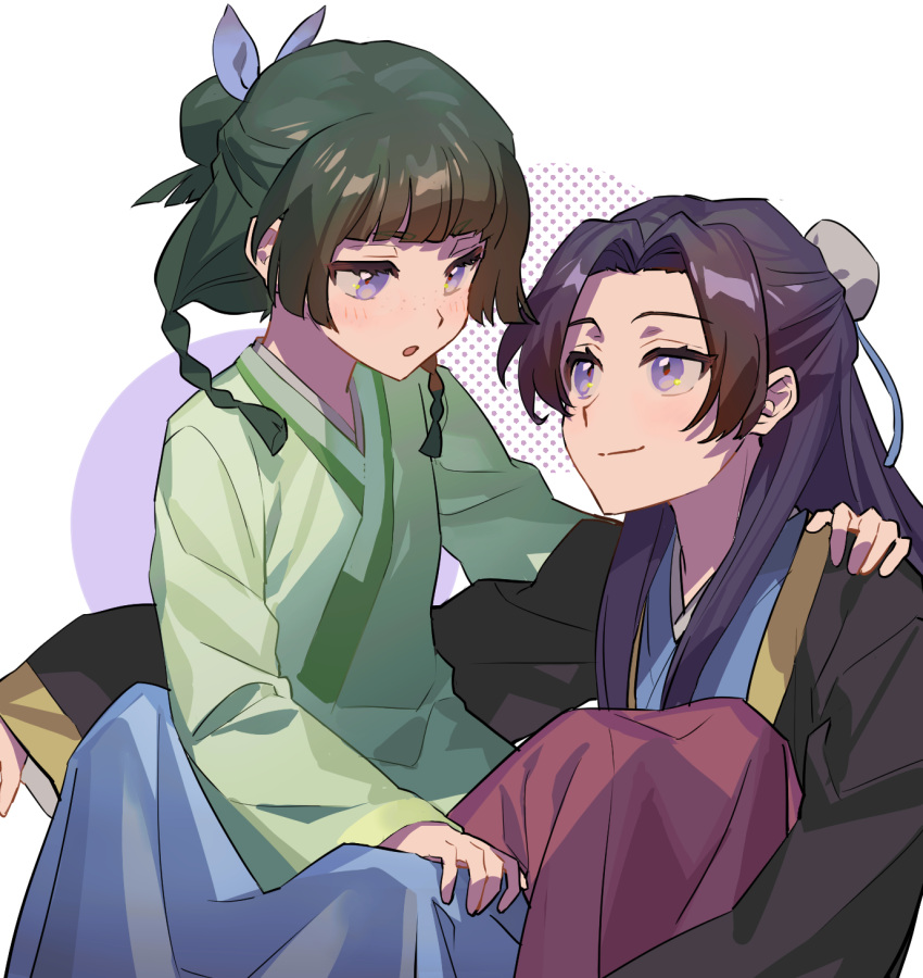 1boy 1girl arm_around_neck black_robe blue_hanfu blue_ribbon blunt_bangs bow braid bun_cover chinese_clothes chinese_commentary circle closed_mouth commentary_request eye_contact eyelashes feet_out_of_frame forehead green_hair green_shirt hair_bow hair_bun hair_over_shoulder hair_ribbon half_updo hand_on_another's_knee hand_on_another's_shoulder hanfu highres jinshi_(kusuriya_no_hitorigoto) kusuriya_no_hitorigoto light_blush long_skirt long_sleeves looking_at_another maomao_(kusuriya_no_hitorigoto) mari_sleep parted_bangs purple_bow purple_hair red_skirt ribbon robe shirt sidelocks single_hair_bun sitting sitting_on_lap sitting_on_person skirt sleeves_past_wrists smile straight_hair twin_braids violet_eyes white_background wide_sleeves