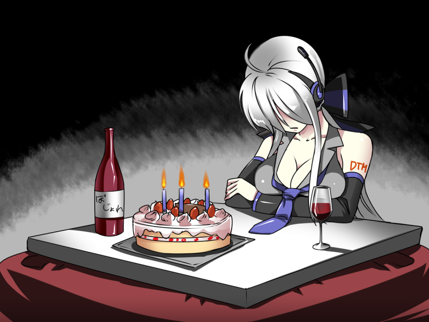 birthday_cake breasts caffein cake candle cleavage cup food kotatsu large_breasts lonely ponytail sad silver_hair table vocaloid voyakiloid wine wine_glass yowane_haku