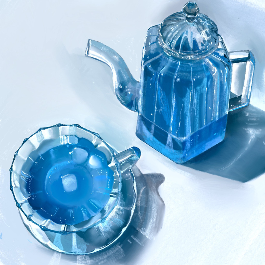 cup drink food food_focus glass_saucer glass_teacup glass_teapot highres no_humans original saucer tea teacup teapot yasuta_kaii32i