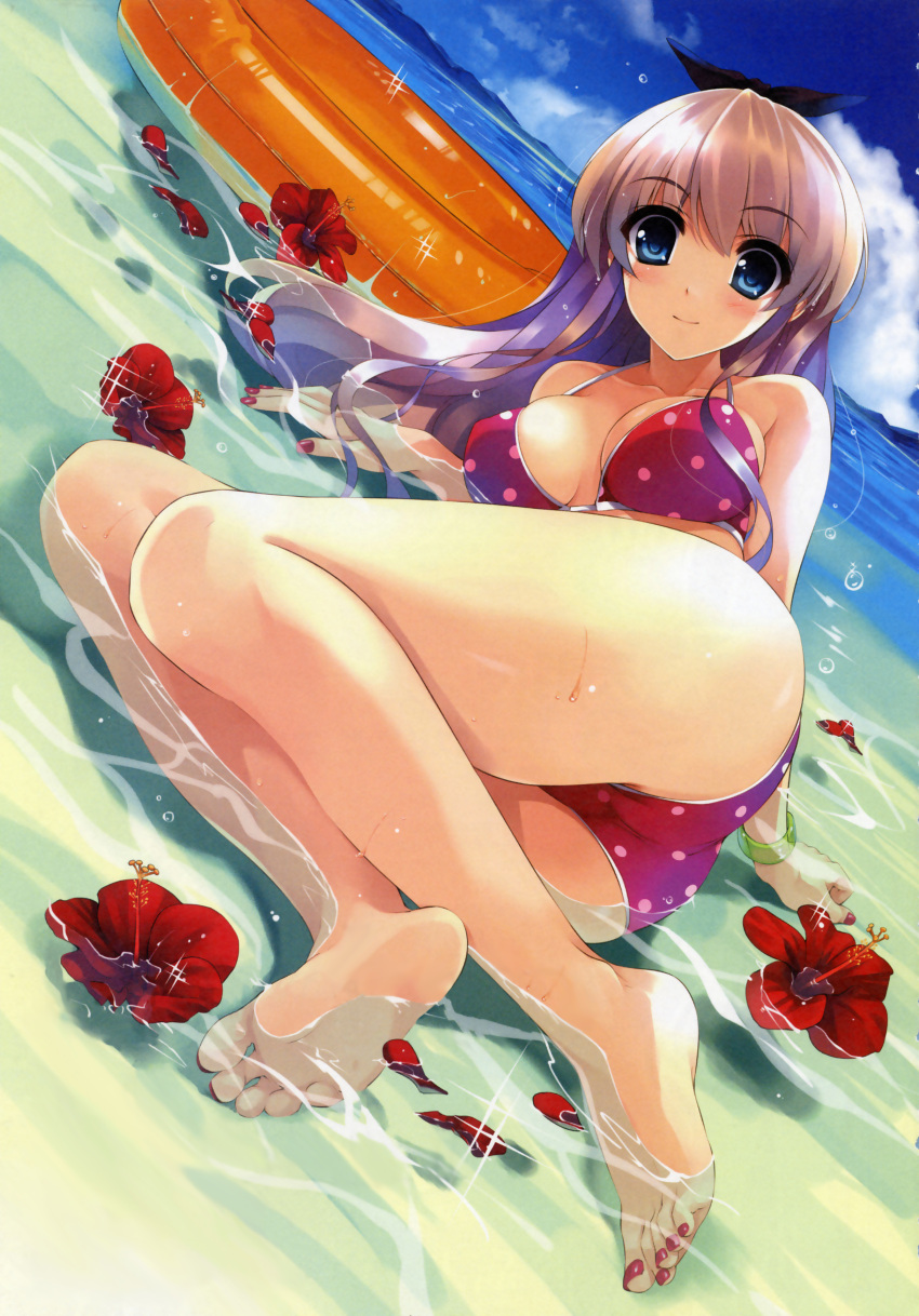 arm_support ass bare_shoulders barefoot beach bikini blue_eyes blush bracelet breasts brown_hair cleavage cloud collarbone feet female fingernails flower hair_bow highres innertube jewelry large_breasts legs long_hair long_legs looking_at_viewer lying misaki_kurehito nail_polish ocean on_side original outdoors petals polka_dot polka_dot_bikini polka_dot_swimsuit red_nails sky smile solo swimsuit thighs toenails toes water