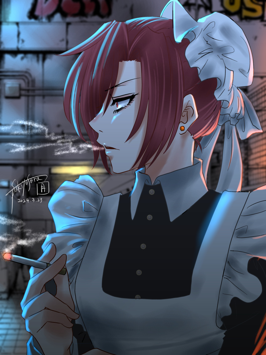 1girl absurdres alternate_costume alternate_hairstyle aozaki_touko apron cigarette earrings enmaided expressionless graffiti highres holding holding_cigarette jewelry kara_no_kyoukai looking_to_the_side maid maid_apron maid_headdress parted_bangs red_eyes redhead signature smoking sorano_tsukiyo