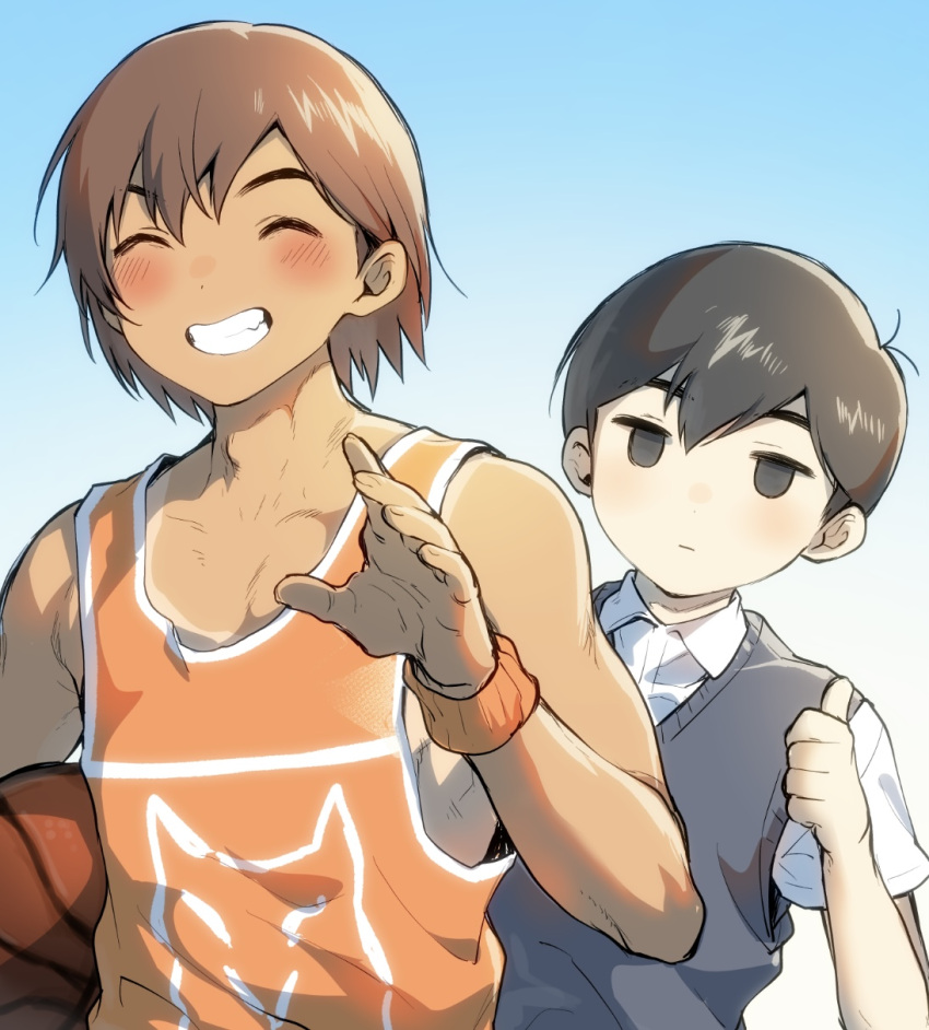 2boys ^_^ antenna_hair ball bare_arms bare_shoulders basketball_(object) black_eyes black_hair black_sweater_vest blue_sky blush brown_hair closed_eyes closed_mouth collarbone collared_shirt commentary_request dark-skinned_male dark_skin day double-parted_bangs echigoya_takeru empty_eyes expressionless fingernails grin hair_behind_ear hair_between_eyes highres holding holding_ball jitome kel_(faraway)_(omori) kel_(omori) looking_at_viewer male_focus multiple_boys no_pupils omori orange_tank_top orange_wristband outdoors shirt short_hair short_sleeves sidelighting sky smile sunny_(omori) sweater_vest tank_top thumbs_up toned toned_male upper_body white_shirt white_trim