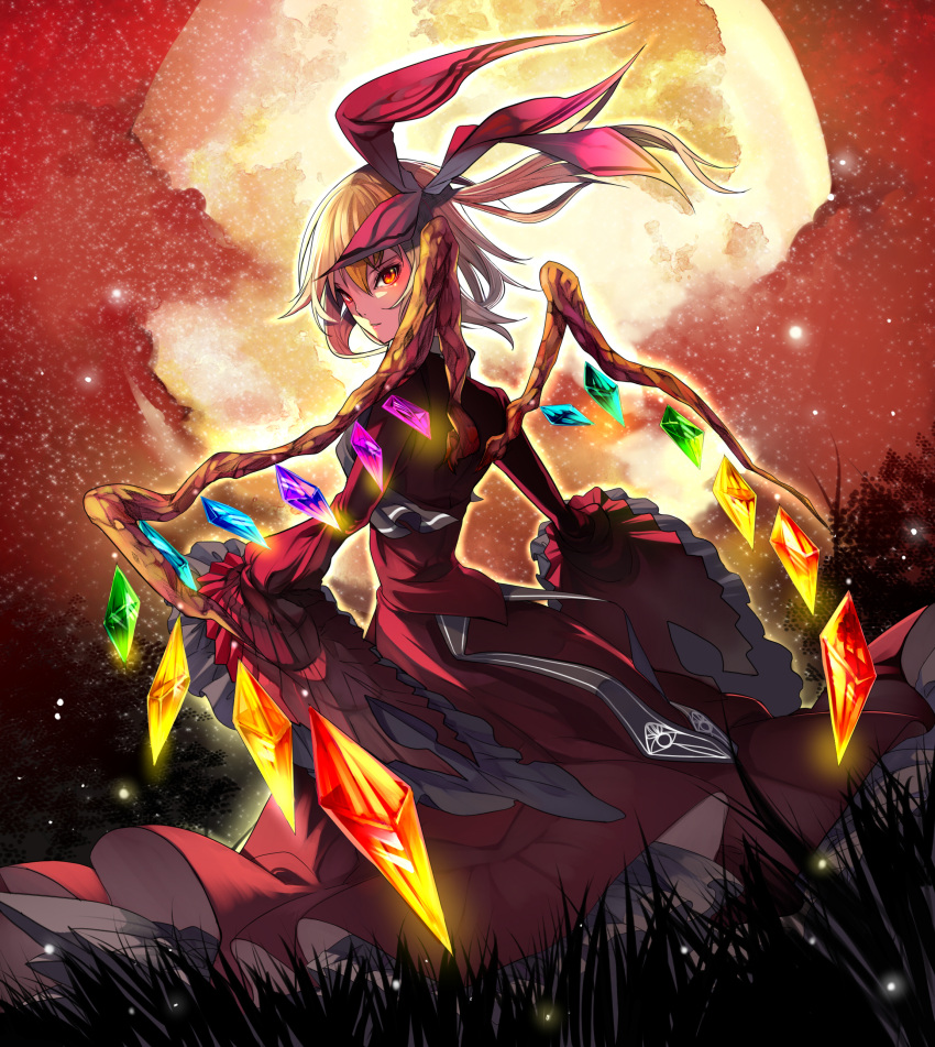 absurdres adult alternate_costume blonde_hair dress flandre_scarlet full_moon grass hair_ribbon highres looking_at_viewer looking_back moon night night_sky orange_eyes parted_lips red_dress red_sky ribbon sky solo the_embodiment_of_scarlet_devil touhou tsukimoto_aoi wings