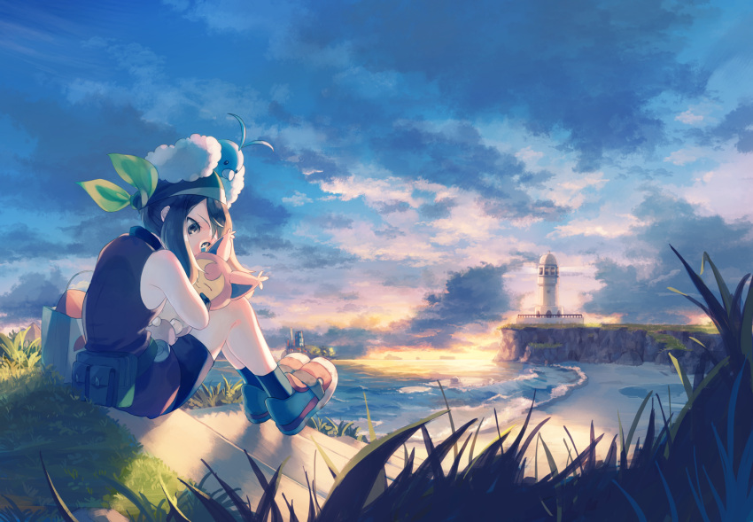 1girl bandana bangs bare_arms black_legwear clouds commentary day dress grass holding holding_pokemon legs_together lighthouse may_(pokemon) namiri on_head outdoors pokemon pokemon_(creature) pokemon_(game) pokemon_emerald pokemon_on_head pokemon_rse sand shoes shore short_dress sitting skitty sky sleeveless sleeveless_dress socks swablu water