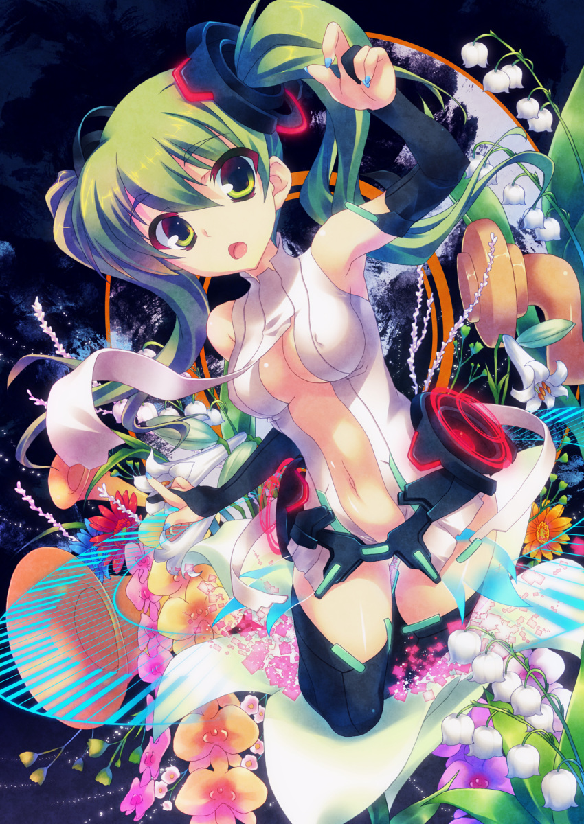 aoi_sora-maru armpits bare_shoulders breasts bridal_gauntlets center_opening flower green_eyes green_hair hatsune_miku hatsune_miku_(append) highres lily_(flower) lily_of_the_valley miku_append nail_polish navel open_mouth solo twintails vocaloid vocaloid_append