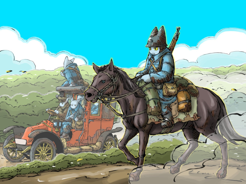 5boys adrian_helmet animal blue_coat blue_sky car coat dust_cloud ford_model_t furry gun helmet highres horse horseback_riding motor_vehicle multiple_boys original riding rifle saddle saddlebags sky trench_coat vehicle_focus weapon yabarn