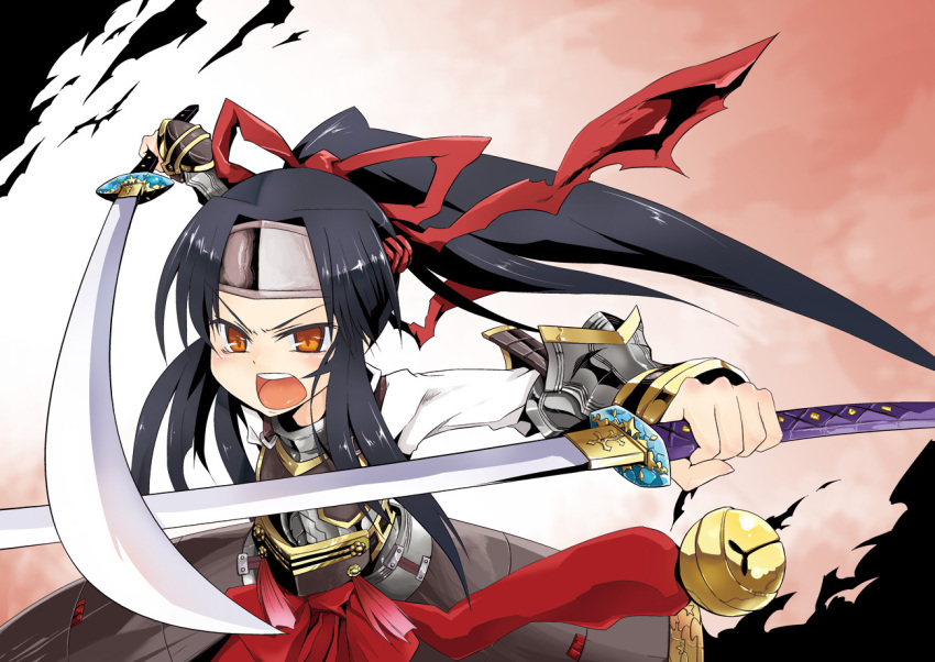 black_hair dra dual_wielding gauntlets headband katana ponytail sekaiju_no_meikyuu sekaiju_no_meikyuu_3 shogun_(sekaiju) sword weapon