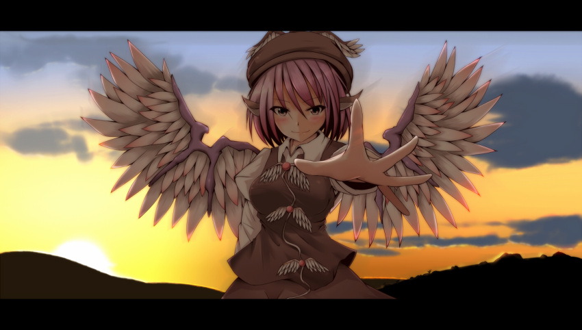 animal_ears blush bust cloud clouds foreshortening hands hat hiro_(pqtks113) letterboxed mystia_lorelei outstretched_hand pink_hair reaching short_hair smile solo sunset touhou wallpaper wings