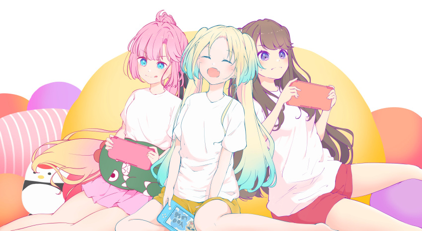 3girls :d :q ^_^ absurdres ahoge anyoji_hime aoiao black_ribbon blonde_hair blue_eyes blue_hair blunt_bangs blush breasts brown_hair bulldog closed_eyes closed_mouth commentary fang feet_out_of_frame frown fujishima_megumi gradient_hair hair_ribbon handheld_game_console highres holding holding_handheld_game_console legs_apart legs_together light_blue_hair link!_like!_love_live! long_hair love_live! medium_breasts mira-cra_park! multi-tied_hair multicolored_hair multiple_girls nintendo_switch_lite open_mouth osawa_rurino parted_bangs pink_hair pink_skirt ponytail raised_eyebrow red_shorts ribbon shirt shorts sidelocks sitting skin_fang skirt smile split_mouth stuffed_animal stuffed_bird stuffed_dinosaur stuffed_toy sunglasses sweatdrop swept_bangs t-shirt tongue tongue_out twintails two_side_up very_long_hair violet_eyes virtual_youtuber white_shirt yellow_shorts yokozuwari