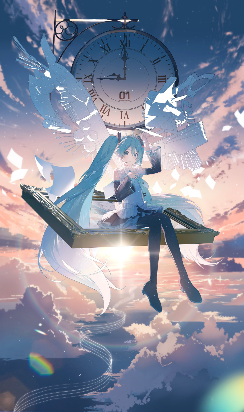 1girl absurdres asymmetrical_wings black_footwear black_sleeves blue_eyes blue_hair blush boots character_name clock closed_mouth clouds commentary_request detached_sleeves flying_paper full_body hatsune_miku headphones highres lens_flare long_sleeves looking_at_viewer microphone necktie paper picture_frame pleated_skirt shirt sitting skirt sky sleeveless sleeveless_shirt solo sun thigh_boots tie_clip vocaloid wide_sleeves wings yurun_(yurun_ume)