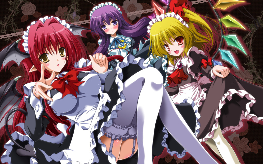 bat_wings blonde_hair crescent demon_tail enmaided fang flandre_scarlet garter_straps head_wings highres koakuma long_hair maid no_hat no_headwear patchouli_knowledge pointy_ears purple_eyes purple_hair red_eyes red_hair reverse_noise side_ponytail tail the_embodiment_of_scarlet_devil thighhighs touhou wallpaper white_legwear wings yamu_(reverse_noise) yellow_eyes
