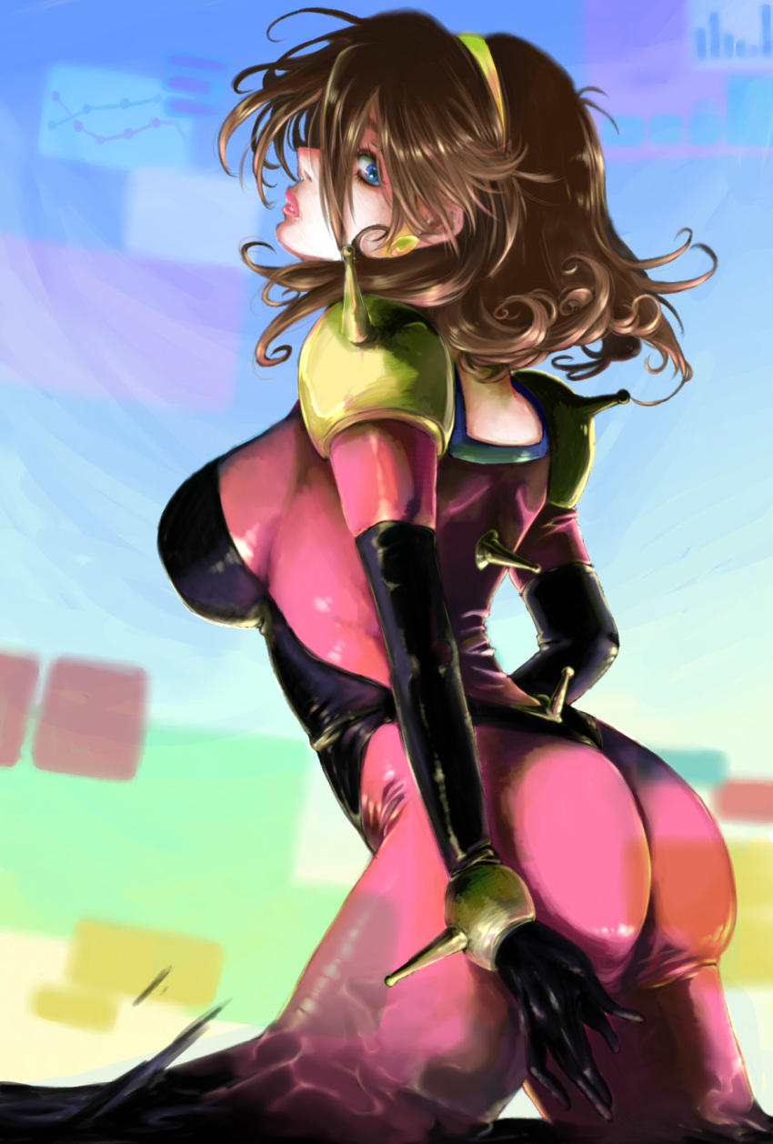 ass blue_eyes bodysuit breasts brown_hair cockpit earrings from_behind g_gundam gundam hairband highres jewelry large_breasts latex lion103 lipstick looking_back makeup messy_hair mobile_trace_suit rain_mikamura sideboob skin_tight solo