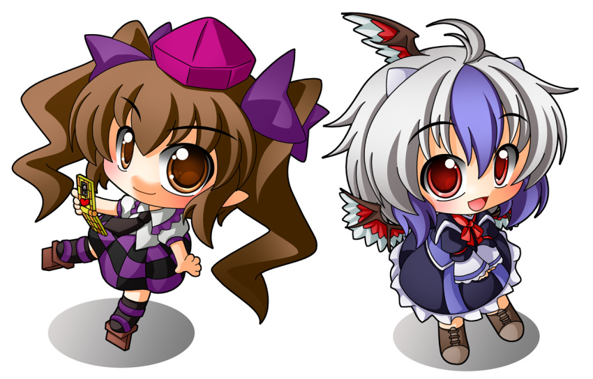 ahoge bad_id blue_hair boots brown_eyes brown_hair cellphone checkered checkered_skirt chibi geta hat head_wings himekaidou_hatate multicolored_hair multiple_girls necktie phone pointy_ears red_eyes shinjitsu silver_hair skirt tengu-geta tokiko_(touhou) tokin_hat touhou twintails white_hair wings