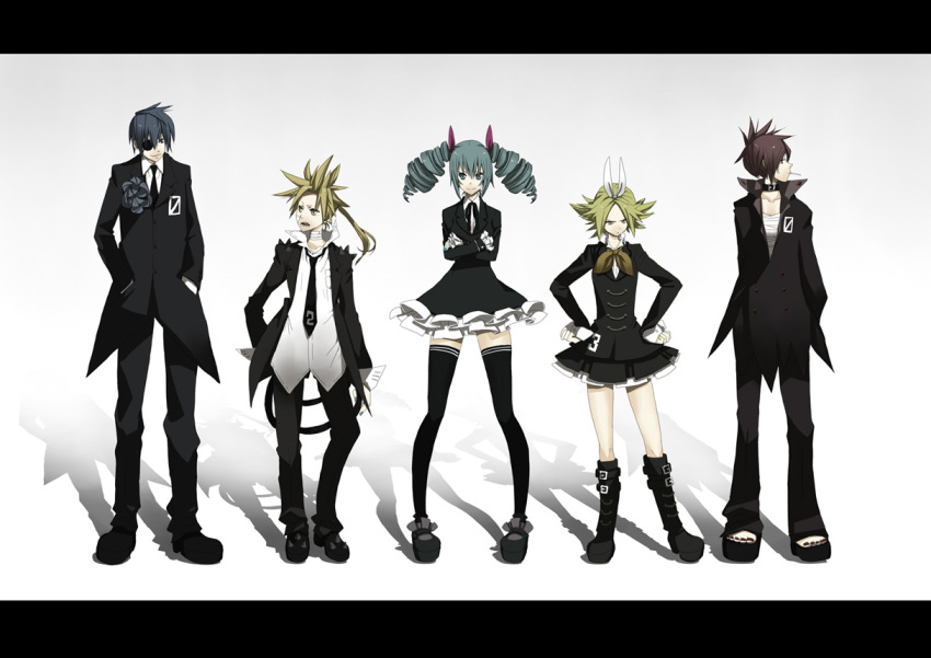 blonde_hair blue_eyes blue_hair blue_rose bow brother_and_sister brown_hair choker crossed_arms dress drill_hair eyepatch flower formal fuu_takara ghost_in_the_shell ghost_in_the_shell_lineup ghost_in_the_shell_stand_alone_complex hair_bow hair_ornament hair_ribbon hands_in_pockets hands_on_hips hatsune_miku himitsu_keisatsu_(vocaloid) houhou_(black_lack) kagamine_len kagamine_rin kaito legs letterboxed lineup long_hair meiko necktie open_mouth parody ponytail ribbon rose short_hair siblings smile standing suit thigh-highs thighhighs twins twintails vocaloid wrist_cuffs yellow_eyes zettai_ryouiki