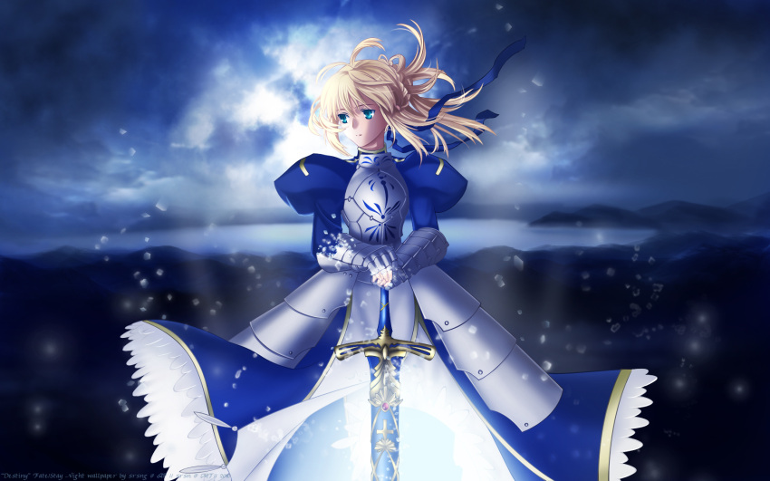 1girl armor armored_dress blond_hair fate/stay_night gauntlets green_eyes saber standing sword weapon